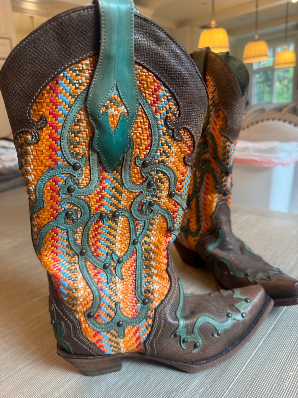 Women's Brown & Turquoise Embroidered Western Heeled Boots - Picture 3 of 5
